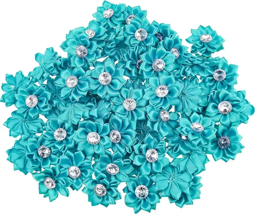 60 lazos de flores de cinta de satén, pequeñas flores de tela con margaritas con diamantes de imitación, lazos de cinta de satén para boda (azul)