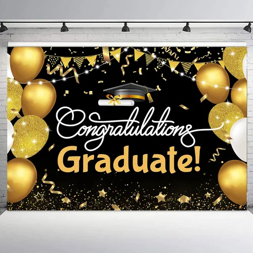 Telón de fondo de graduación de 5 x 3 pies para sesión de fotos, globos negros y dorados, felicitaciones, graduados, clase de 2025, felicitaciones,