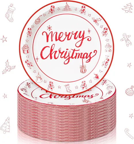 Miniatura 12 de Shellwei 100 platos de papel de Navidad de 7 pulgadas, platos de fiesta de Navidad a granel desechables para suministros de fiesta de Navidad