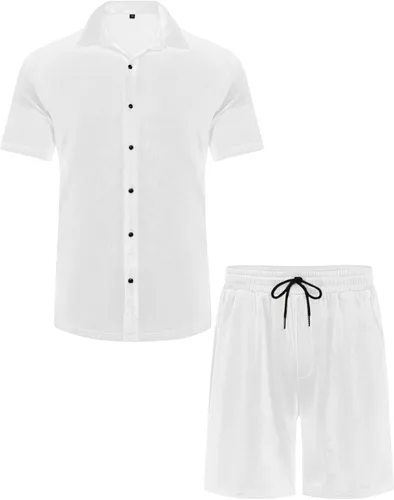 Miniatura 65 de LecGee Conjunto de pantalones cortos casuales de verano para hombre, camisa de terciopelo de manga corta con botones, pantalones cortos de cintura