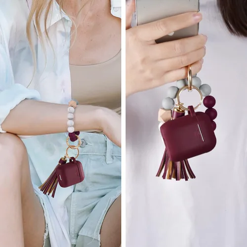 Miniatura 3 de Filoto Compatible con funda para Airpod, bonita funda 2/1 para mujer, funda protectora de silicona con llavero de pulsera (borgoña)