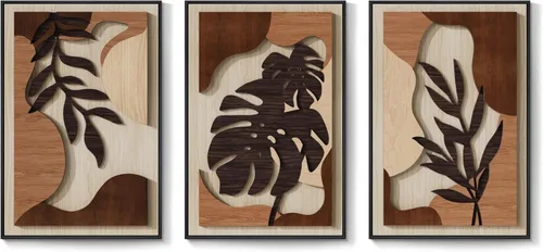Miniatura 8 de Arte de pared de madera 3D con textura bohemia 3D para dormitorio, 3 piezas de arte de madera tallada botánica tropical para paredes, hoja de Marrón