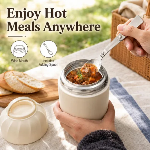 Miniatura 2 de Termo para alimentos y bebidas calientes, lonchera térmica, contenedor de alimentos aislado al vacío de 17 onzas con cuchara y bolsa con cordón