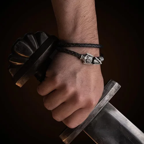 Miniatura 4 de Pulsera de cuero vikingo con pulsera de gungnir de Odín con símbolo mágico Valknut regalo para hombres y mujeres, brazalete nórdico para él y ella