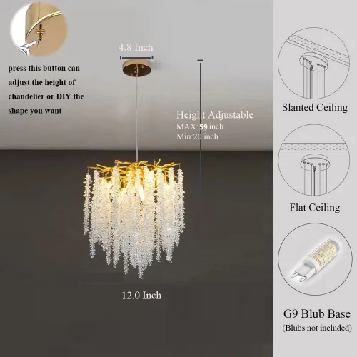 Miniatura 4 de Candelabro de Cristal Rama de Árbol Dorado Gota de Lluvia Redonda Lámpara Colgante con Borla Luminaria de Techo Colgante para Dormitorio Sala