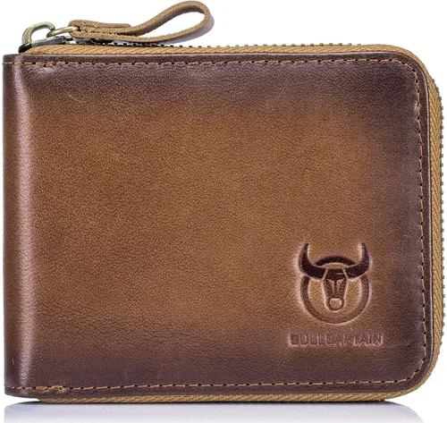 BULLCAPTAIN Cartera de cuero genuino con cremallera para hombre bloqueo RFID cremallera segura y plegable alrededor de carteras cartera con