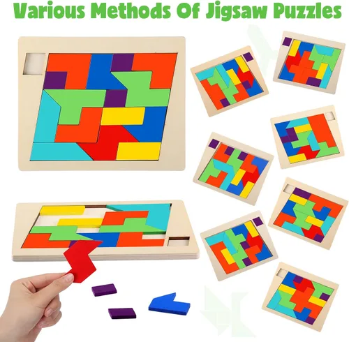 Miniatura 7 de Yunsailing Paquete de 3 rompecabezas grandes de madera hexagonal Tangram rompecabezas de madera rusa para adultos desafío teasers geométrico, lógica