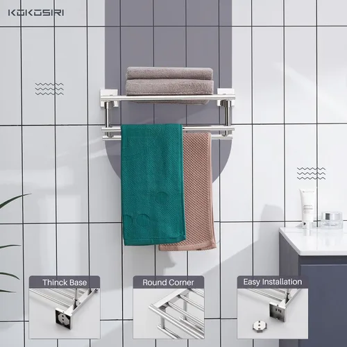 Miniatura 4 de KOKOSIRI Estante de Toallas de Baño con Soporte de Toallas de 16 Pulgadas con Barras de Toallas Dobles Montado en Pared, Acero Inoxidable Cromado