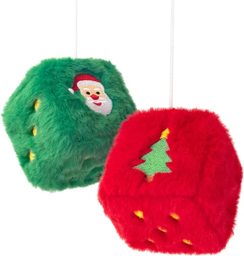 Dados peludos de Navidad para espejo retrovisor del automóvil, diseño bordado de Papá Noel y árbol, decoraciones colgantes de felpa roja y verde,