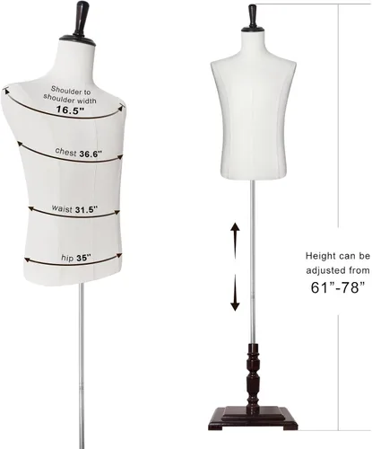 Miniatura 4 de Torso de maniquí masculino con soporte, altura ajustable de 61"-78", maniquí de cuerpo para exhibición de ropa en tiendas de costura