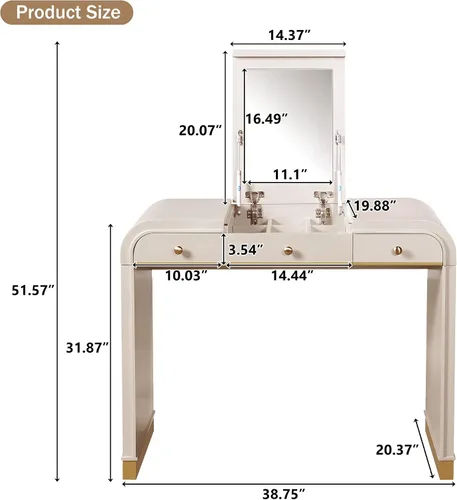 Miniatura 6 de Escritorio clásico de madera con espejo abatible, tocador 3 en 1 con 2 cajones y espacio de almacenamiento para dormitorio, champán