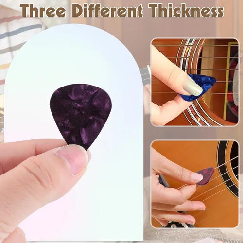 Miniatura 4 de 60 piezas de púas para guitarra, 3 diferentes grosores de púas de celuloide coloridas con arte abstracto para bajo, eléctrica, acústica. Regalos