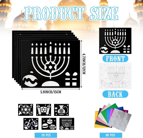 Miniatura 2 de Cinrobiye Juego de 24 piezas de papel de aluminio de Hanukkah para manualidades, kit de pintura de Janucá, papel de arte, actividades para colorear