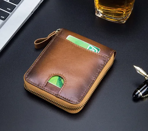 Miniatura 6 de BULLCAPTAIN Cartera de cuero genuino con cremallera para hombre bloqueo RFID cremallera segura y plegable alrededor de carteras cartera