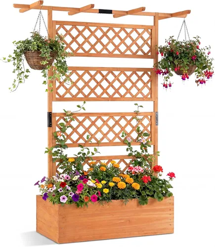 Miniatura 13 de Maceta de Jardín de Madera Giantex con Enrejado, Cama Elevada de 180 cm para Jardín, Enrejado Alto para Plantas Trepadoras y Flores, Maceta