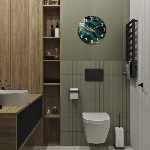 Miniatura 2 de Reloj de pared verde azulado para sala de estar de 12 pulgadas, reloj de pared de mármol a pilas, cuarzo redondo, dorado, silencioso, sin tictac