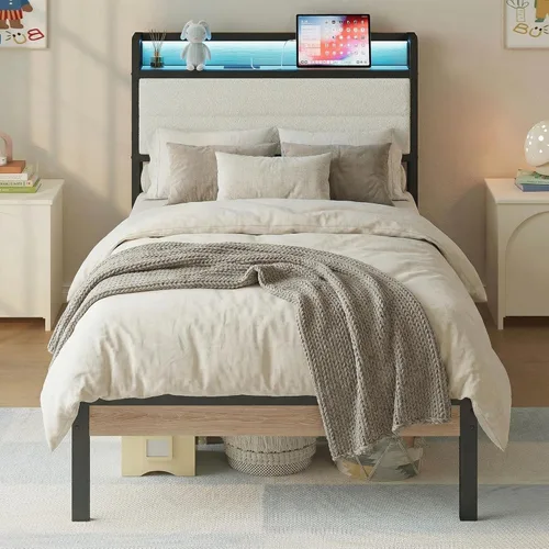 LIKIMIO Base de cama individual con cabecera de almacenamiento y luces LED, plataforma de metal con estación de carga, sin ruido, no necesita