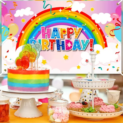 Miniatura 5 de Remerry Telón de fondo de cumpleaños arcoíris para niñas, colorido decoración de fiesta de feliz cumpleaños, pancarta para niñas, niños y adultos