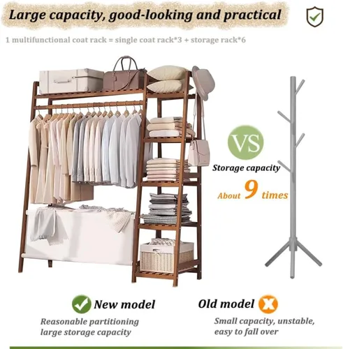 Miniatura 4 de Bamboo Coat Rack with Storage Rack,Freestanding Clothes Rack with Storage Bag,Wood Closet Shelf with Hanging Rod,Clothes Storage Organizer