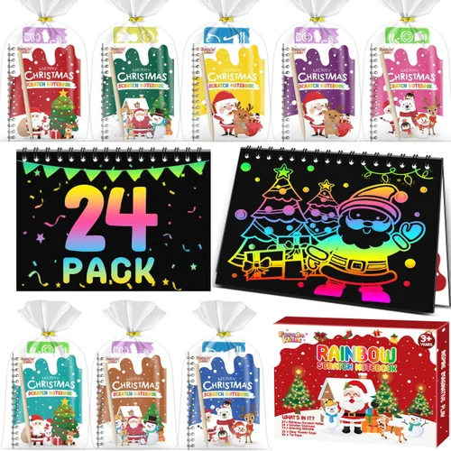 Miniatura 10 de Recuerdos de papel para rascar para fiestas para niños: paquete de 16 cuadernos de rayas arcoíris, bolsas de regalo, libros para colorear, recuerdos