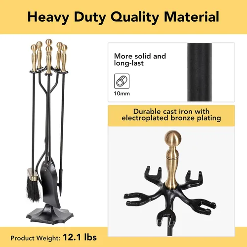 Miniatura 5 de nalone Juego de 5 herramientas para chimenea, asas de latón, accesorios de chimenea de hierro forjado con póquer, pinzas, pala, cepillo