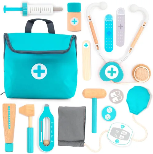 Miniatura 7 de UMU® Mini kit médico de madera para niños – 14 piezas de juego médico para niños pequeños con estetoscopio, jeringa, bolsa de médico, manguito
