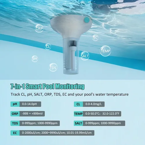Miniatura 2 de Probador digital de agua para piscina, medidor flotante inteligente 7 en 1, habilitado para WiFi, prueba de pH, cloro, salinidad, ORP, EC, TDS