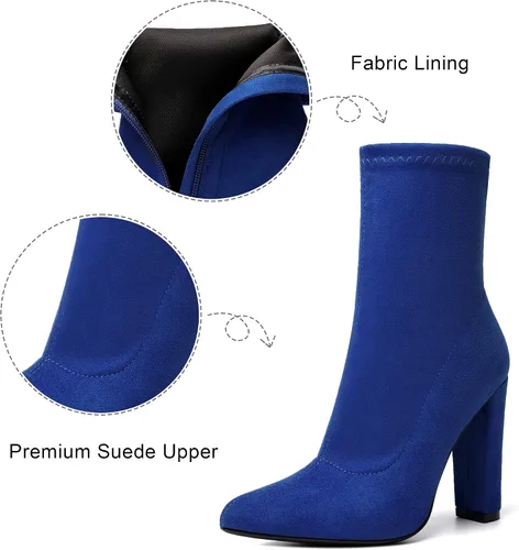 Miniatura 3 de risdoada Botas de tacón grueso para mujer botas de tacón grueso punta puntiaguda de gamuza elástica otoño e invierno botines de media pantorrilla