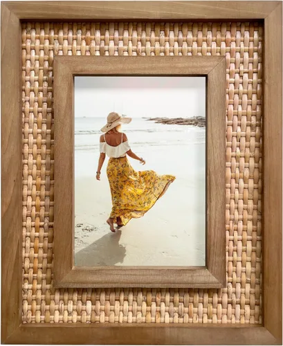 Miniatura 12 de Marco de fotos de ratán para fotos de 8 x 10 pulgadas, madera de abeto natural con alfombrilla de ratán tejida, marco decorativo costero bohemio