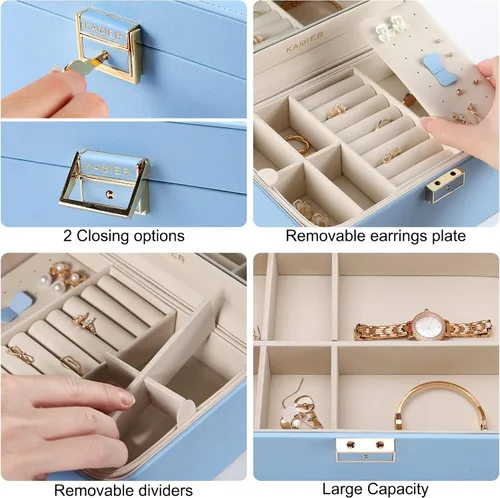 Miniatura 5 de KAMIER Organizador de aretes, organizador de joyas portátil de piel sintética de 2 capas, gran capacidad, doble cerradura y espejo grande, ganchos