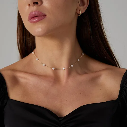 Miniatura 4 de ASCOMY Delicados collares de perlas para mujer, chapados en oro de 14 quilates, grueso, media perla, cadena de palanca, minimalista, con clip