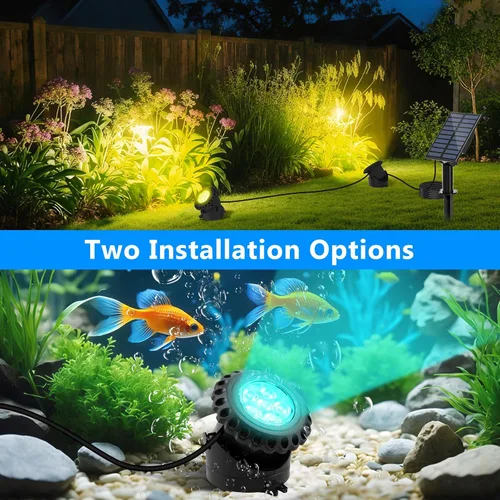 Miniatura 4 de T-SUN Luces solares para estanque, 2 focos LED RGB, luces sumergibles bajo el agua, luz solar para tanque de peces para fuente de jardín, estanque