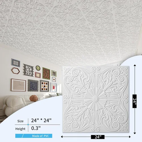 Miniatura 5 de Azulejos decorativos para techo Art3d de 5 cm x 5 cm con pegamento, para colocar en el techo, 24 x 24, paquete de 12 azulejos con flores españolas