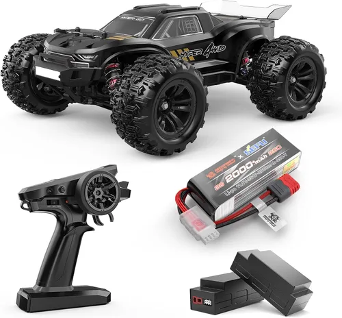 HYPER GO H16BM - Autos RC rápidos sin escobillas de 42 Mph para adultos, 1/16 Hobby Off-Road RC Camión, auto de control remoto RTR (2 x 2S Lipo y 1