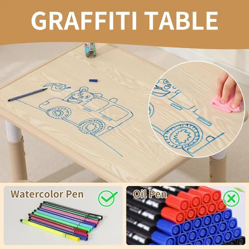 Miniatura 4 de Hulaibit Mesa y 2 sillas para niños pequeños, juego de mesa y sillas para niños de altura ajustable, 31.5 pulgadas de largo x 23.6 pulgadas de Grano