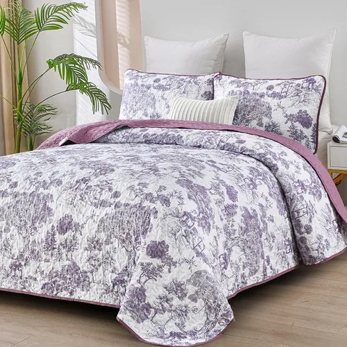 Miniatura 27 de WONGS BEDDING Juego de edredón botánico tamaño Queen, negro, 3 piezas, colcha con estampado floral de plantas Toile, juego de ropa de cama