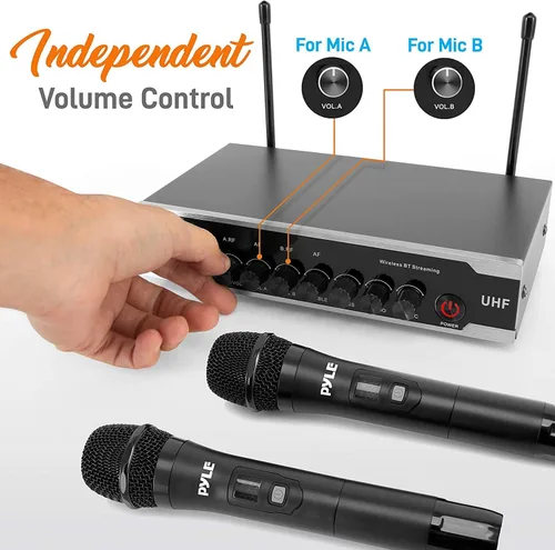 Miniatura 5 de Pyle Sistema de micrófono inalámbrico Uhf portátil, funciona con pilas, juego de micrófonos inalámbricos Bluetooth dual, incluye 2 micrófonos