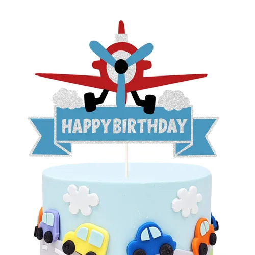 Decoración de pastel de feliz cumpleaños con diseño de avión con purpurina, decoración de pastel temático de moscas del tiempo, la aventura espera,