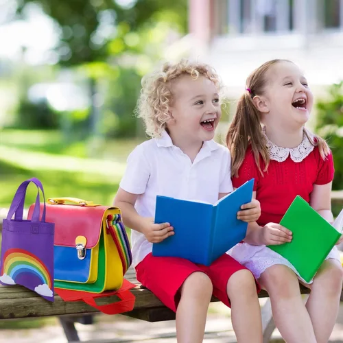 Miniatura 7 de Aneco 24 bolsas de dulces no tejidas, bolsas de regalo de fiesta de arco iris, bolsas de regalo de 8 x 8 pulgadas, 6 colores, bolsas de regalo