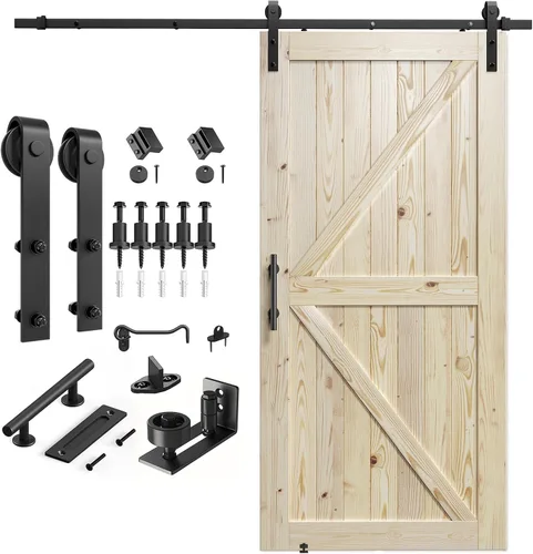 Miniatura 11 de SMARTSTANDARD Puerta corredera de granero de 28 x 84 pulgadas con kit de herrajes para puerta de granero de 5 pies incluido, puerta de madera