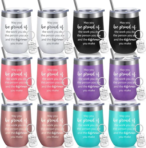 Miniatura 9 de Inbagi Juego de 10 vasos de vino inspiradores con pajilla, tazas de agradecimiento a los empleados y llaveros, vasos de acero inoxidable con texto