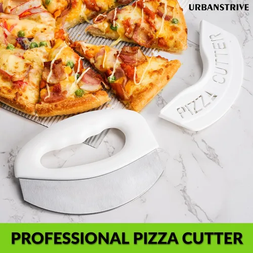 Miniatura 6 de Urbanstrive Cortador de pizza de acero inoxidable resistente con tapa, cuchillo de pizza de hoja súper afilada, cortador de pizza balancín, Blanco