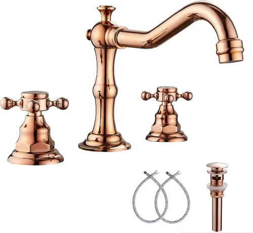Miniatura 13 de Grifo de 2 manijas para lavabo de baño de tres agujeros, grifo de lavabo extendido, latón antiguo, grifo mezclador con manguera de suministro