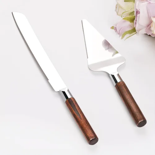 Juego de corte de pastel de boda TUKDAK, juego de cuchillo y servidor de pastel de madera, cortador de pastel de tarta vintage, utensilios de postre