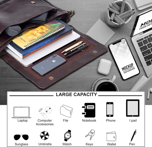 Miniatura 3 de Bolso de mensajero de cuero real para hombres y mujeres Maletín para laptop para oficina, universidad, correa de hombro ajustable