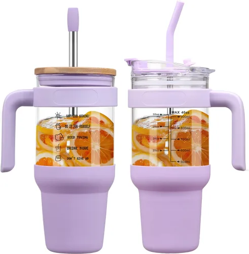 Miniatura 11 de Chunmo - Vaso de vidrio de 40 onzas con 2 tapas - Tapa de popote de bambú y tapa de popote 2-en-1 con apertura y cierre, taza para café helado