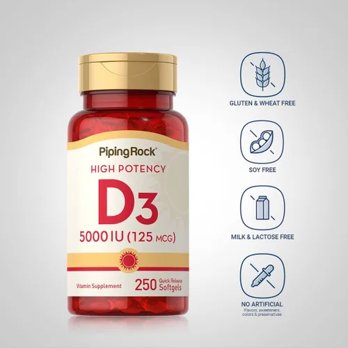 Miniatura 3 de Piping Rock Vitamina D3 5000 UI 250 cápsulas blandas Suplemento de alta potencia Sin OMG, sin gluten