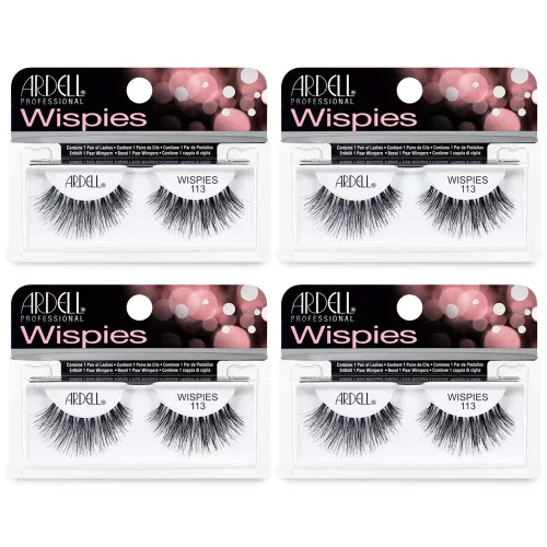Ardell Pestañas postizas Wispies 113, color negro, banda suave de aspecto natural, ligeras, acampanadas para glamour y uso diario, 4 pares