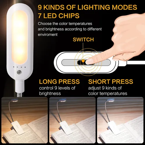 Miniatura 2 de VAVOFO Luz de lectura con clip para cama para niños, 7 LED con luz de lectura de 9 niveles blanco cálido y frío luz de día, lámpara de cuidado