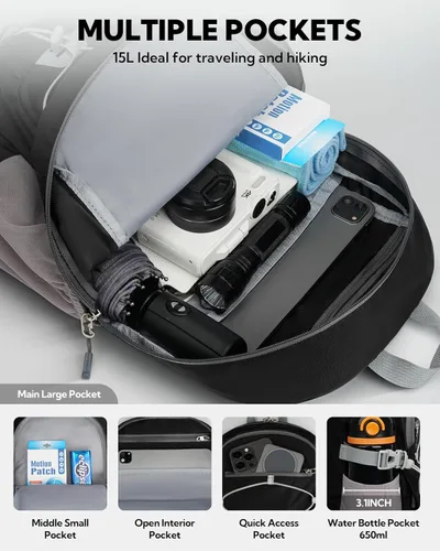 Miniatura 5 de WATERFLY Mochila pequeña y ligera y plegable: 15L Mini mochila de viaje plegable ultraligera con correa transpirable para el hombro al aire libre
